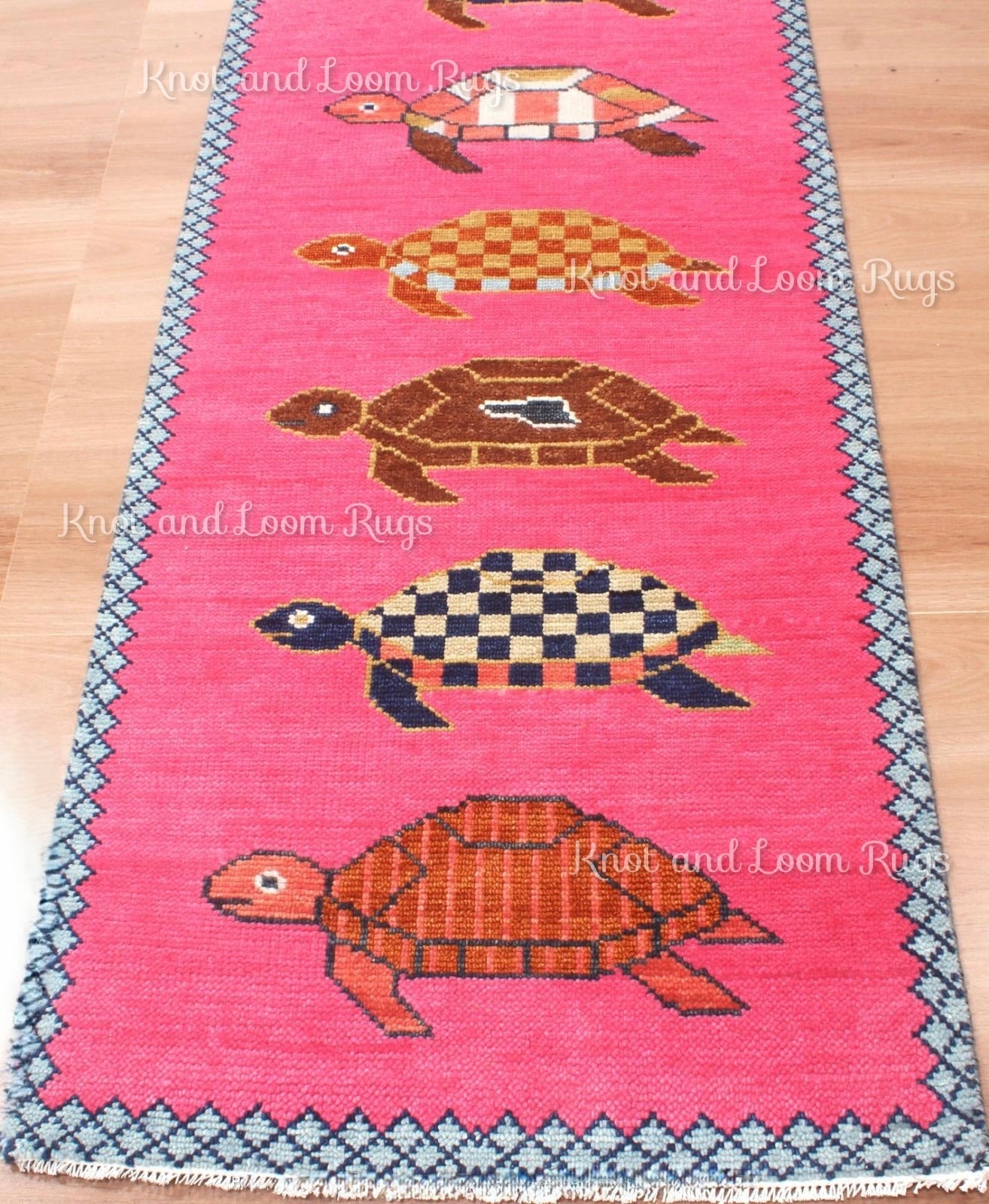 Hand-Knotted Wool Turtle Runner Rug – Custom Size Hot Pink Beach house Hallway Rug