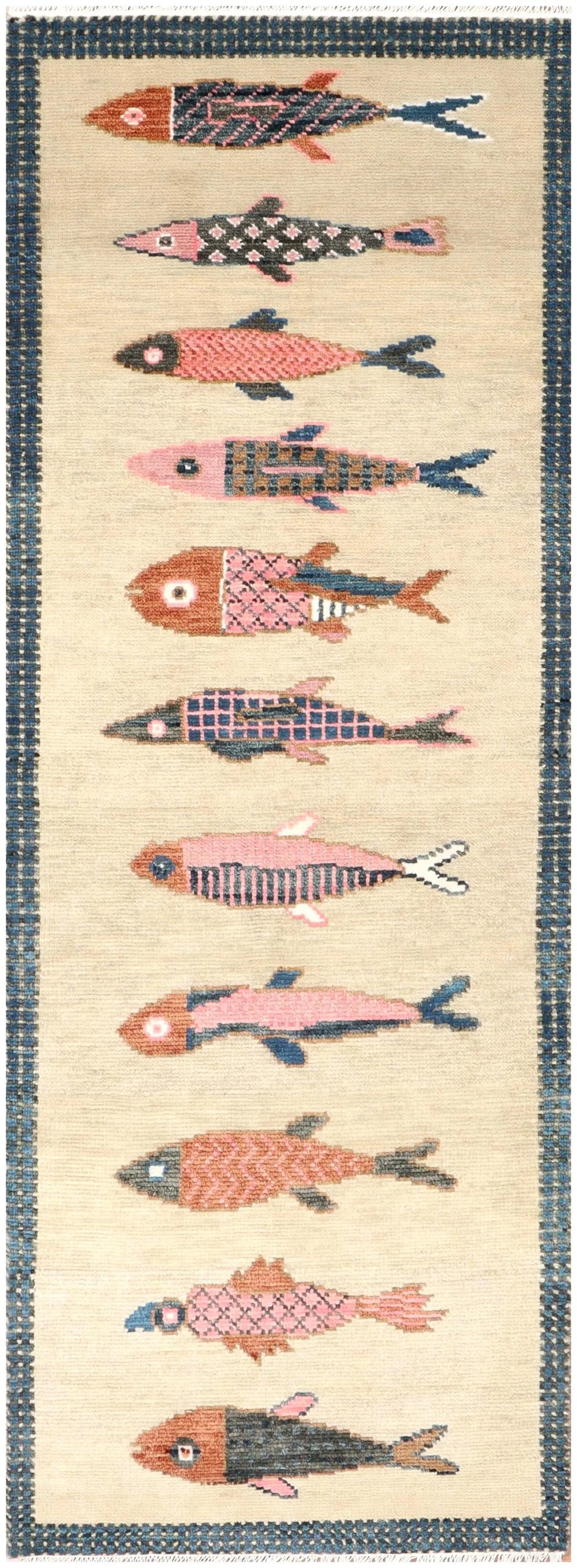 Coastal Koi Fish Hand Knotted Wool Runner Rug - Custom Size Nautical Hallway Runner for Beach House Entryway & Kitchen