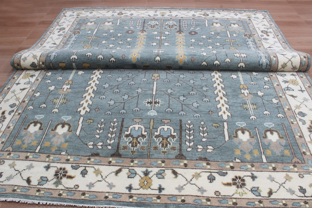 Hand-Knotted Tree of Life Wool Area Rug | Slate Blue & Ivory Custom Size Rug | Handcrafted in India