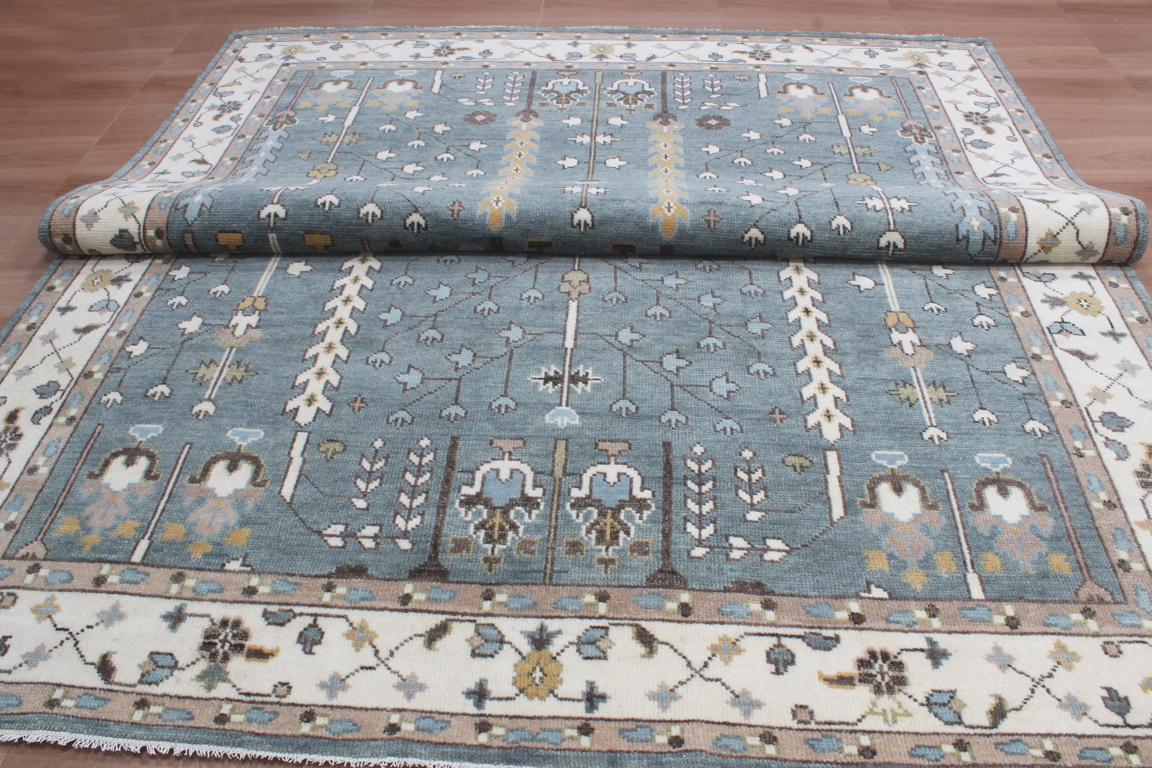 Hand-Knotted Tree of Life Wool Area Rug | Slate Blue & Ivory Custom Size Rug | Handcrafted in India