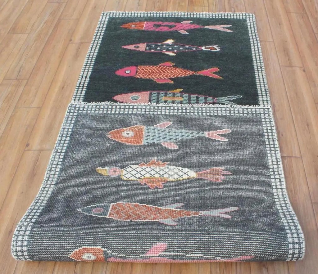 Charcoal Koi Fish Hand Knotted Wool Runner Rug - Custom Size Nautical Hallway Runner for Beach House Entryway & Kitchen