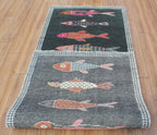 Charcoal Koi Fish Hand Knotted Wool Runner Rug - Custom Size Nautical Hallway Runner for Beach House Entryway & Kitchen
