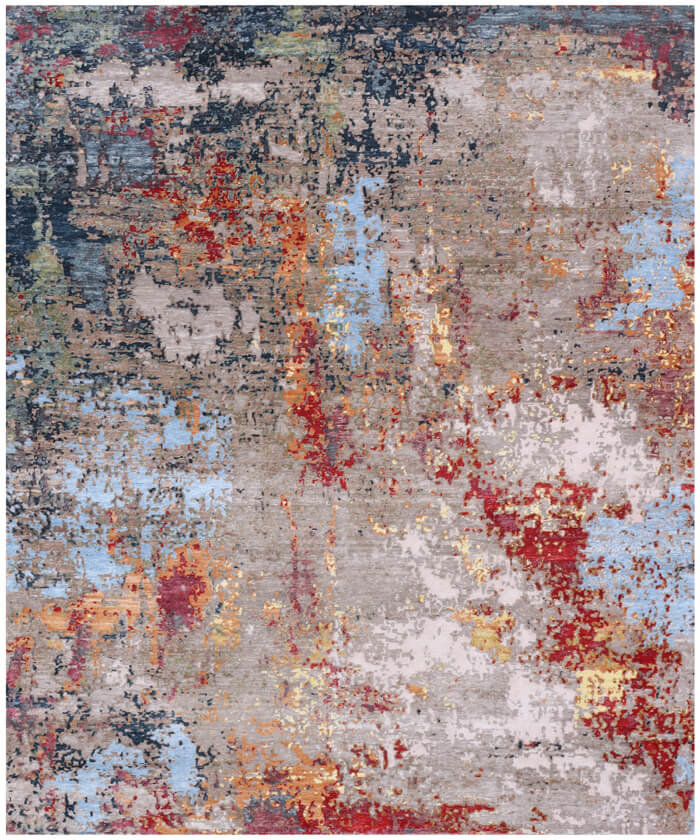 Modern Abstract Wool & Bamboo Silk Hand-Knotted Area Rug | Silver, Charcoal, Red & Blue | Available in 8x10, 9x12, 10x14