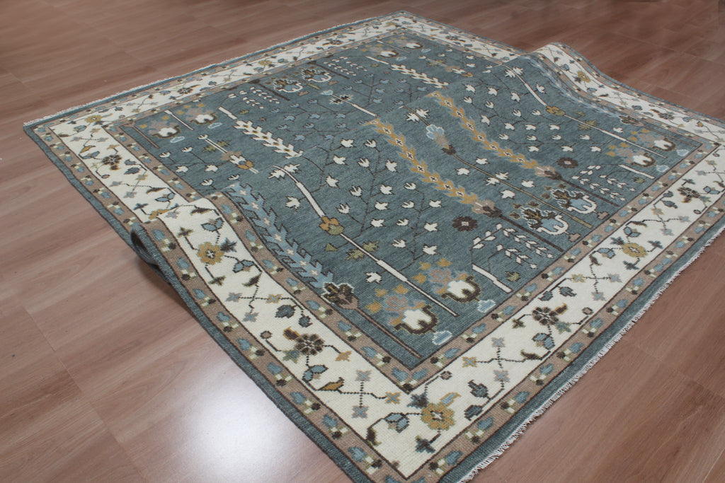 Hand-Knotted Tree of Life Wool Area Rug | Slate Blue & Ivory Custom Size Rug | Handcrafted in India