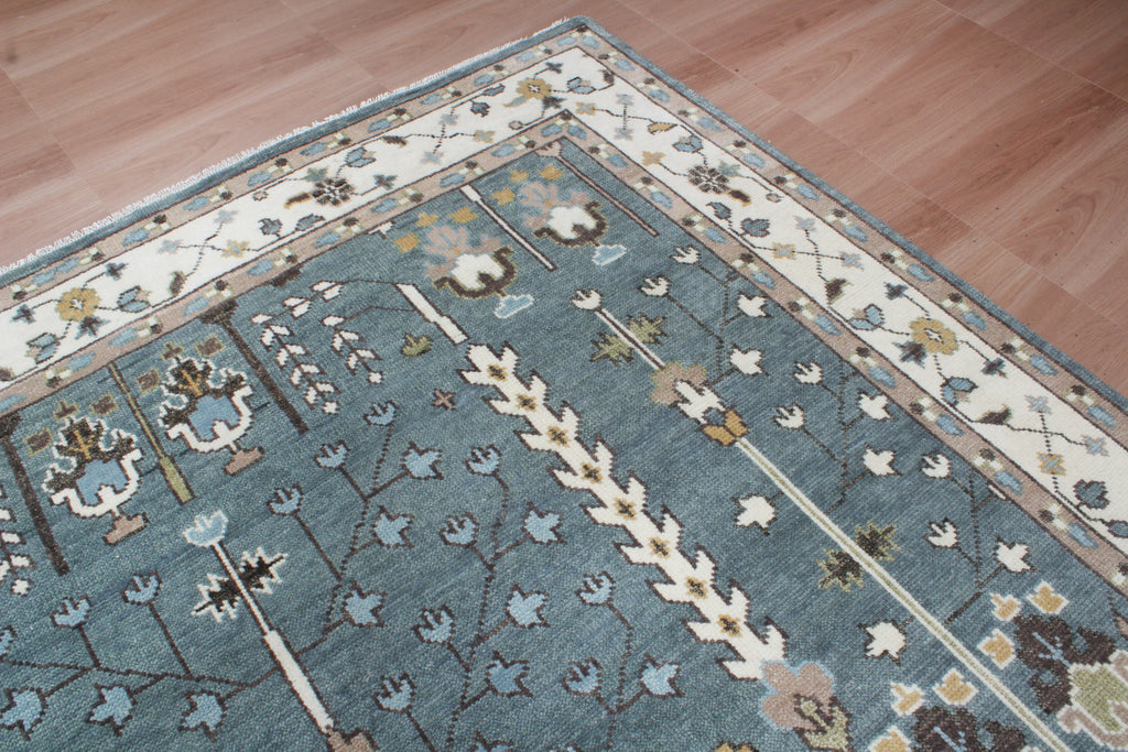 Hand-Knotted Tree of Life Wool Area Rug | Slate Blue & Ivory Custom Size Rug | Handcrafted in India