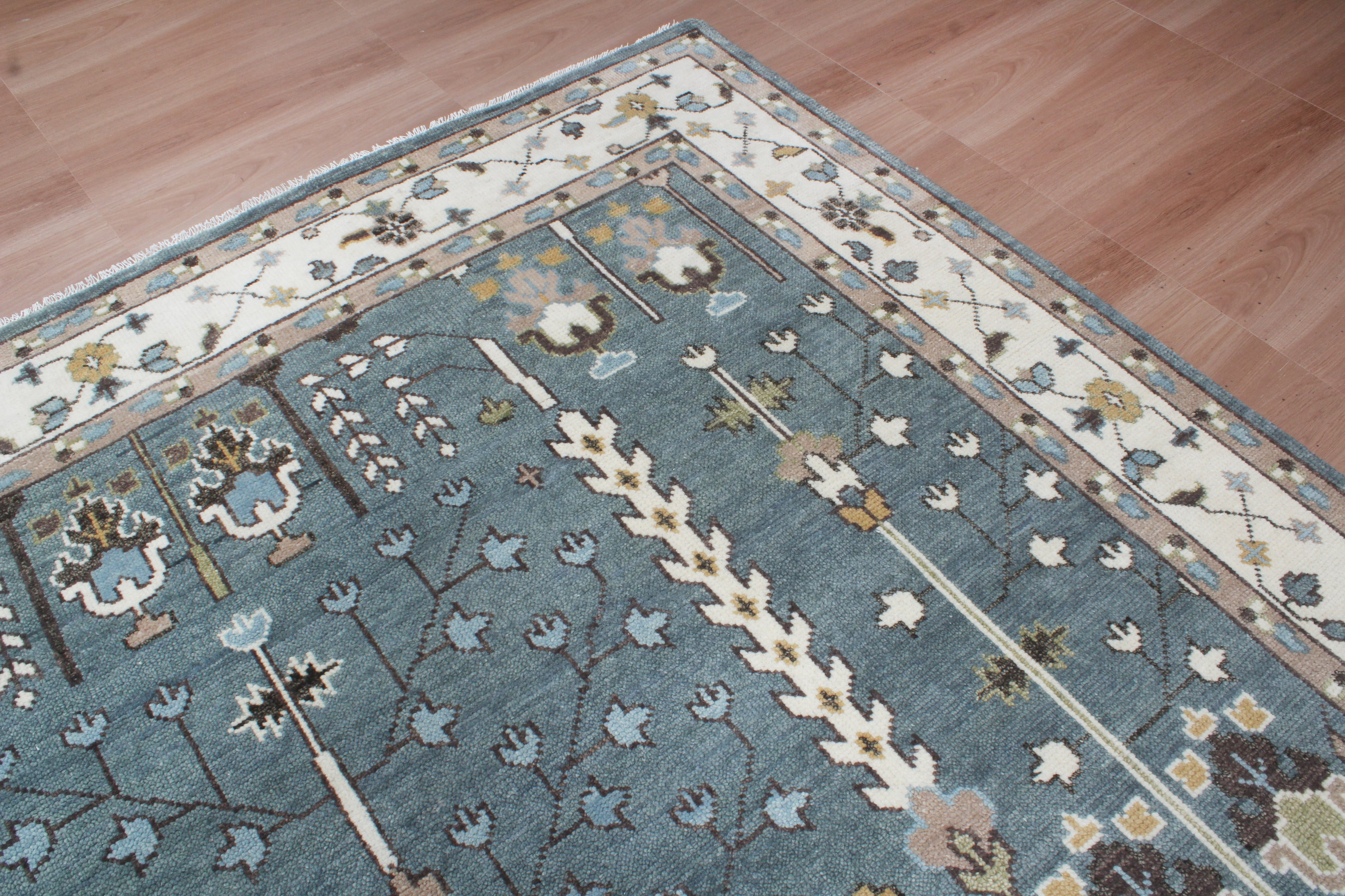 Hand-Knotted Tree of Life Wool Area Rug | Slate Blue & Ivory Custom Size Rug | Handcrafted in India