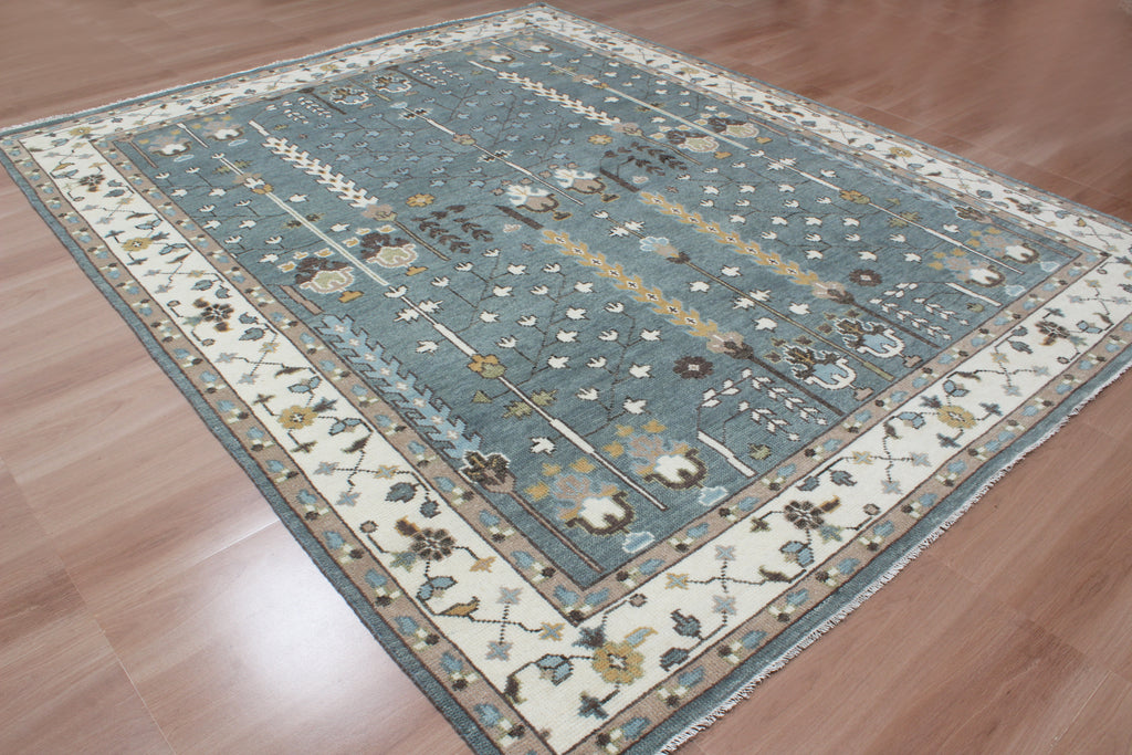 Hand-Knotted Tree of Life Wool Area Rug | Slate Blue & Ivory Custom Size Rug | Handcrafted in India