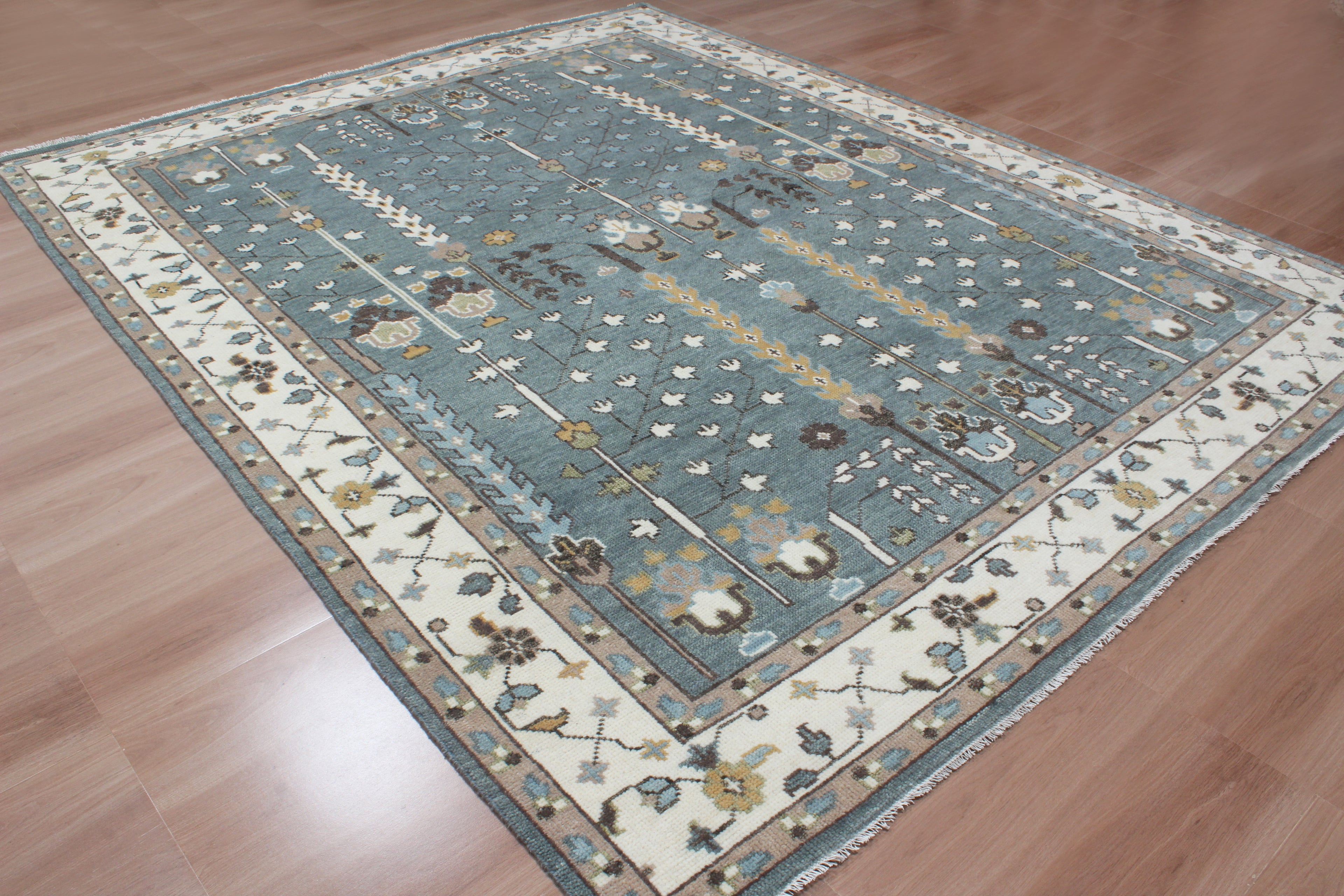 Hand-Knotted Tree of Life Wool Area Rug | Slate Blue & Ivory Custom Size Rug | Handcrafted in India