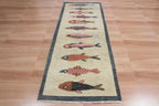 Coastal Koi Fish Hand Knotted Wool Runner Rug - Custom Size Nautical Hallway Runner for Beach House Entryway & Kitchen