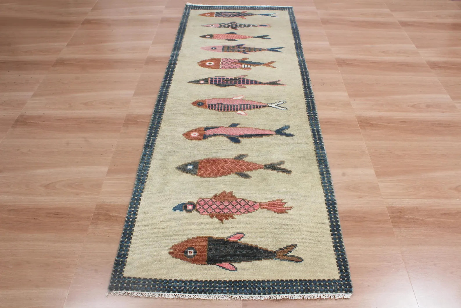 Coastal Koi Fish Hand Knotted Wool Runner Rug - Custom Size Nautical Hallway Runner for Beach House Entryway & Kitchen