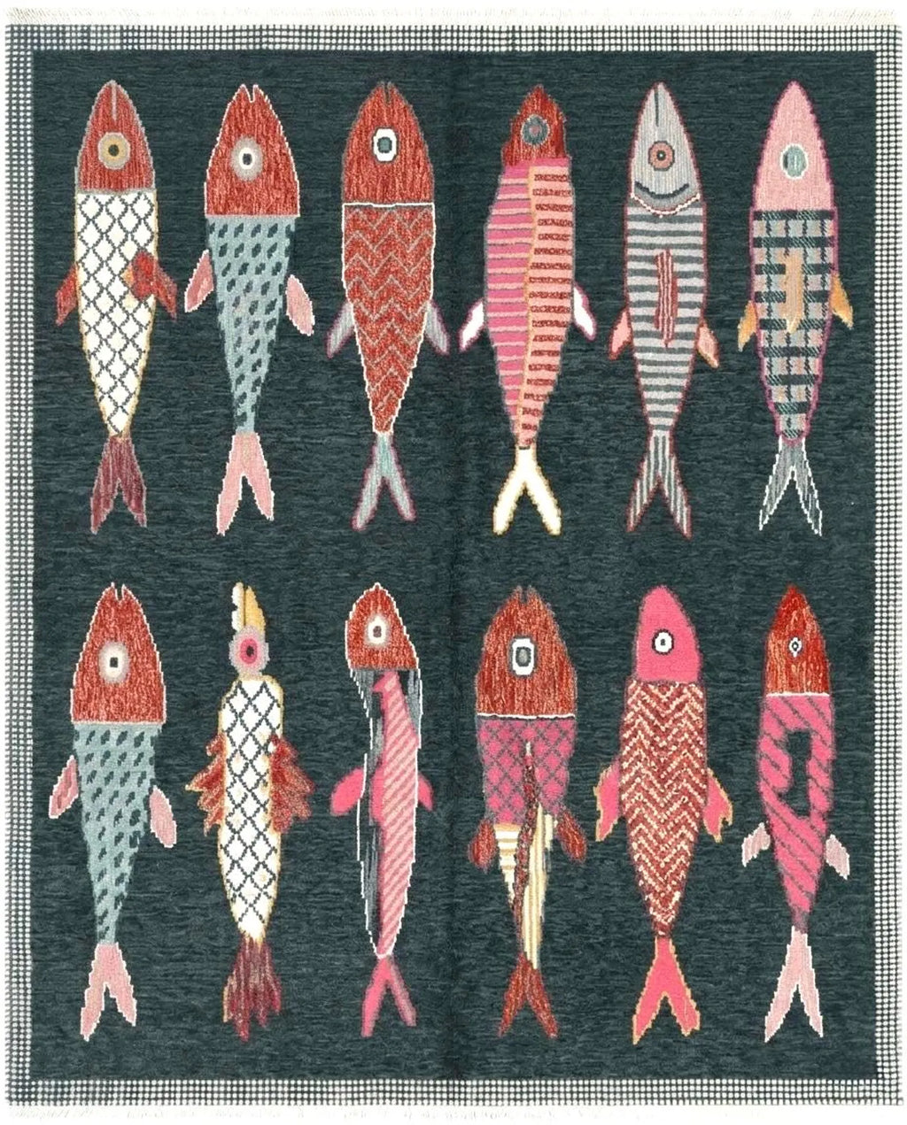 Charcoal Koi Fish Hand Knotted Wool Runner Rug - Custom Size Nautical Hallway Runner for Beach House Entryway & Kitchen