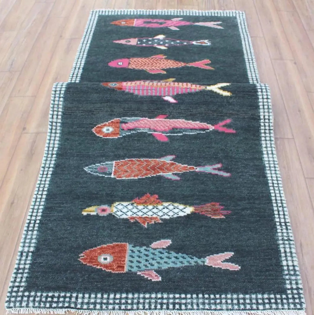 Charcoal Koi Fish Hand Knotted Wool Runner Rug - Custom Size Nautical Hallway Runner for Beach House Entryway & Kitchen