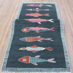 Charcoal Koi Fish Hand Knotted Wool Runner Rug - Custom Size Nautical Hallway Runner for Beach House Entryway & Kitchen
