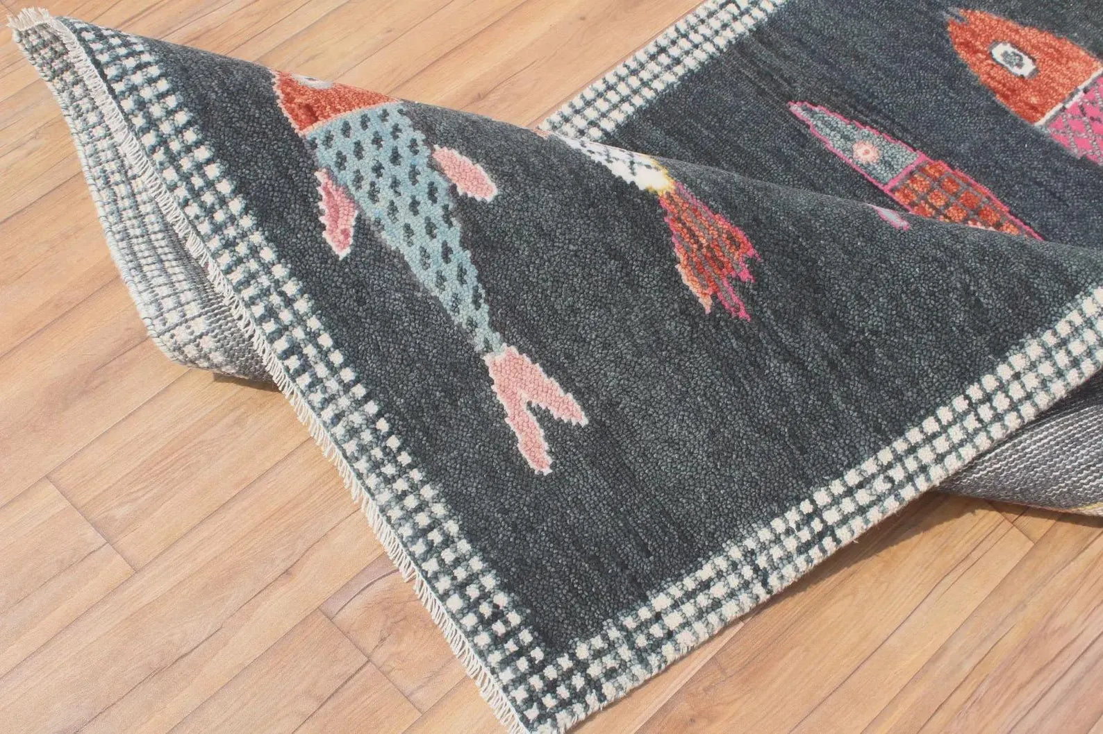 Charcoal Koi Fish Hand Knotted Wool Runner Rug - Custom Size Nautical Hallway Runner for Beach House Entryway & Kitchen