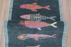 Charcoal Koi Fish Hand Knotted Wool Runner Rug - Custom Size Nautical Hallway Runner for Beach House Entryway & Kitchen