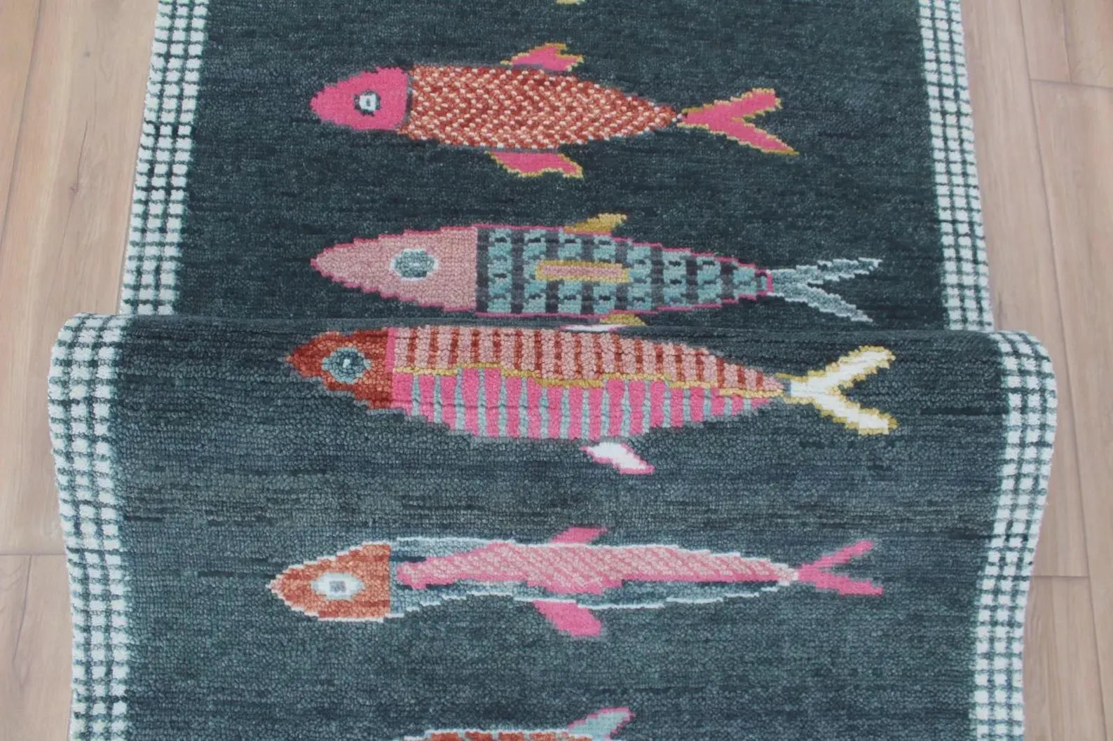 Charcoal Koi Fish Hand Knotted Wool Runner Rug - Custom Size Nautical Hallway Runner for Beach House Entryway & Kitchen