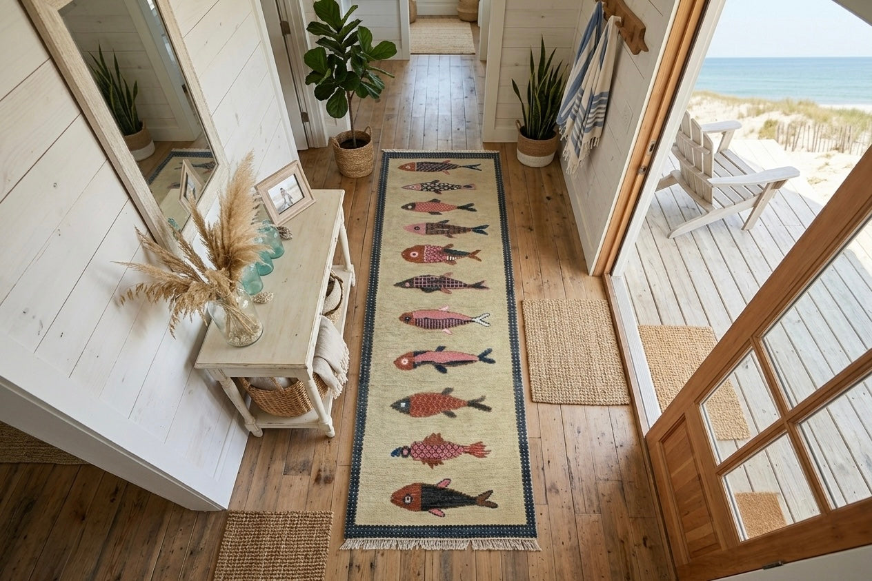 Coastal Koi Fish Hand Knotted Wool Runner Rug - Custom Size Nautical Hallway Runner for Beach House Entryway & Kitchen