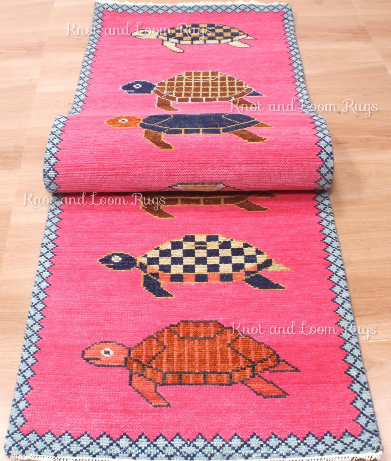 Hand-Knotted Wool Turtle Runner Rug – Custom Size Hot Pink Beach house Hallway Rug