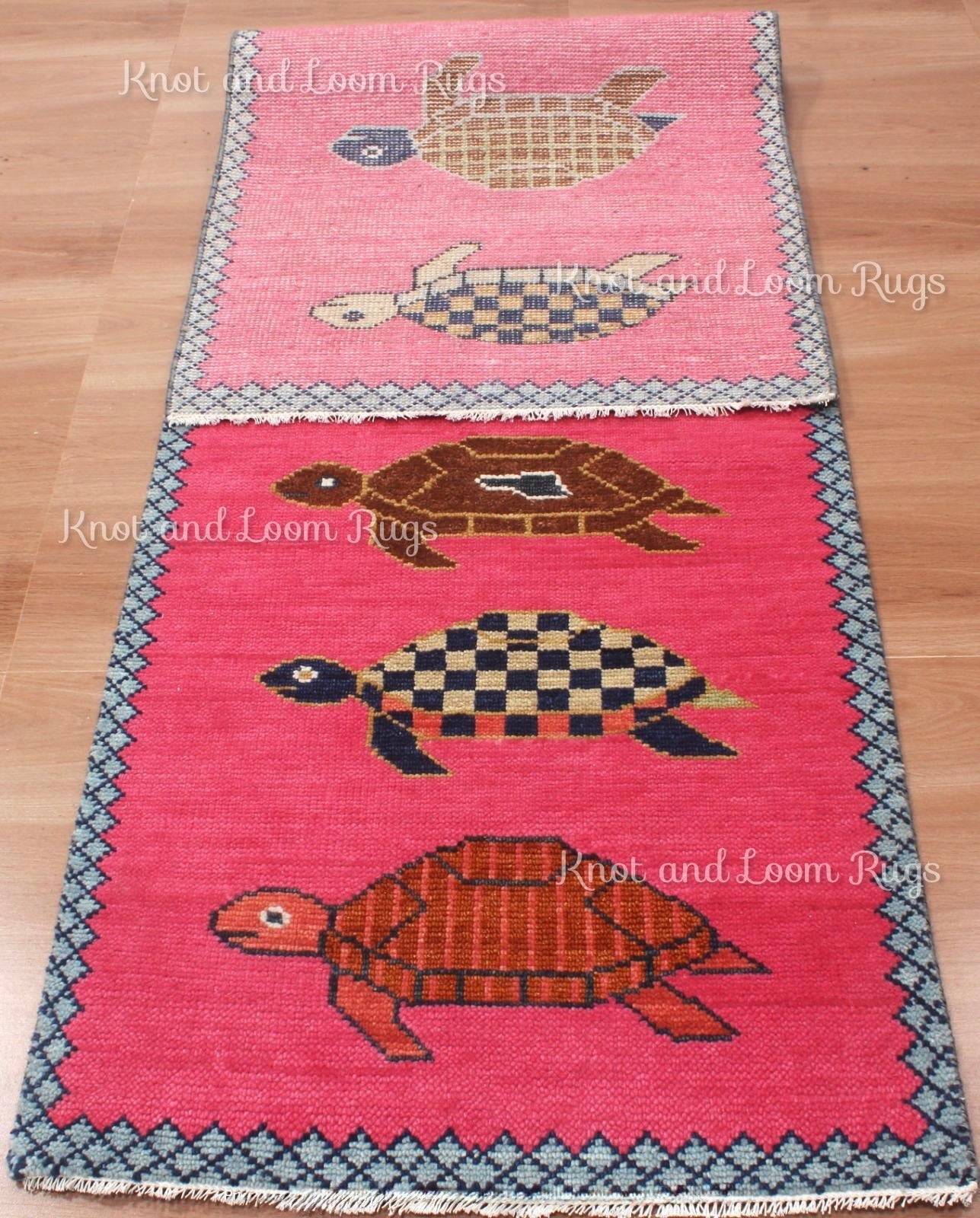 Hand-Knotted Wool Turtle Runner Rug – Custom Size Hot Pink Beach house Hallway Rug