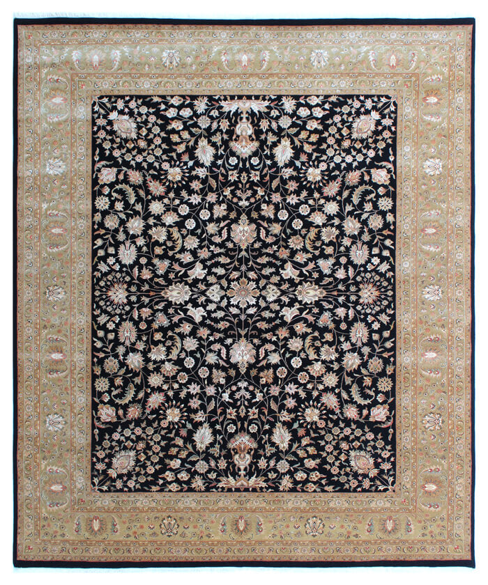 Handmade Royal Vintage Inspired New Zealand Wool & Silk Area Rug | Black & Gold Traditional Persian Design | Available in 8x10 & 9x12