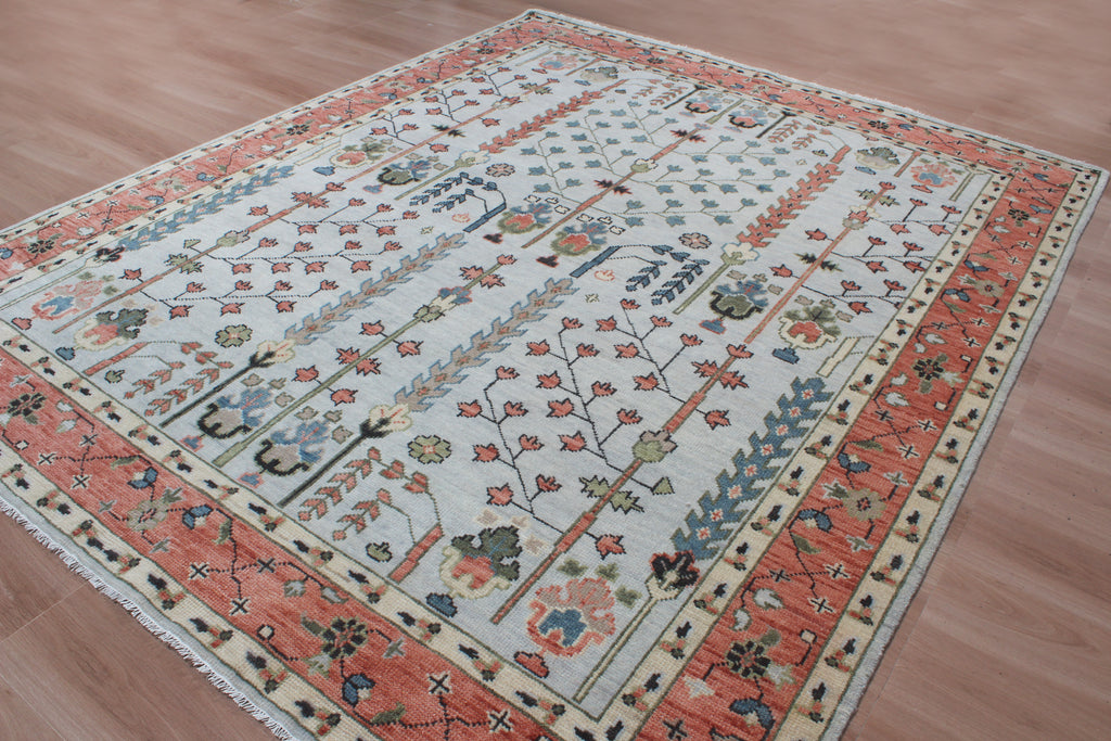 Hand-Knotted Tree of Life Wool Area Rug | Muted Sage Green & Terracotta Custom Size Rug | Handcrafted in India