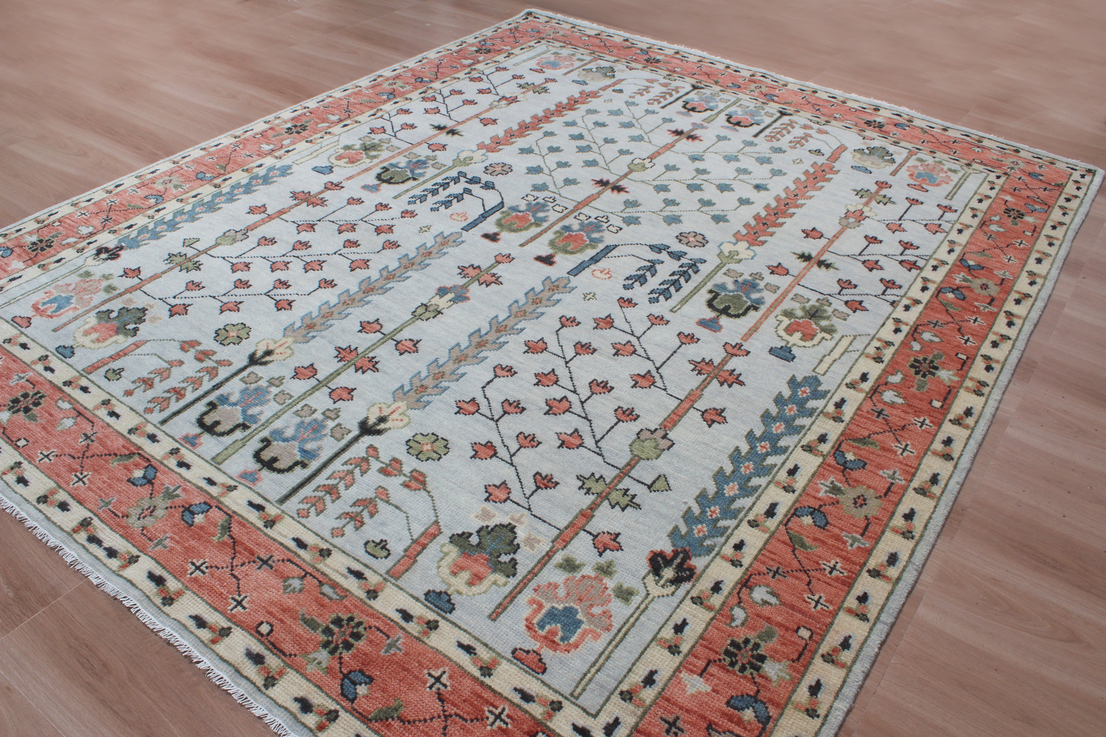 Hand-Knotted Tree of Life Wool Area Rug | Muted Sage Green & Terracotta Custom Size Rug | Handcrafted in India