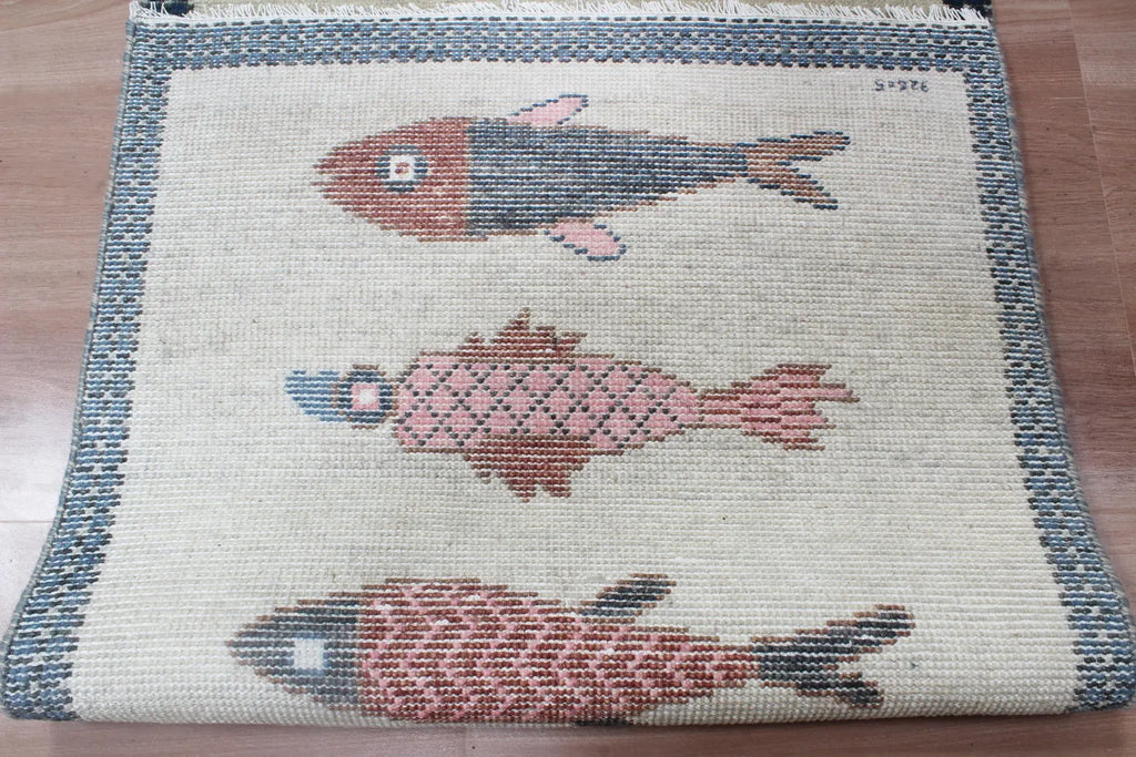 Coastal Koi Fish Hand Knotted Wool Runner Rug - Custom Size Nautical Hallway Runner for Beach House Entryway & Kitchen