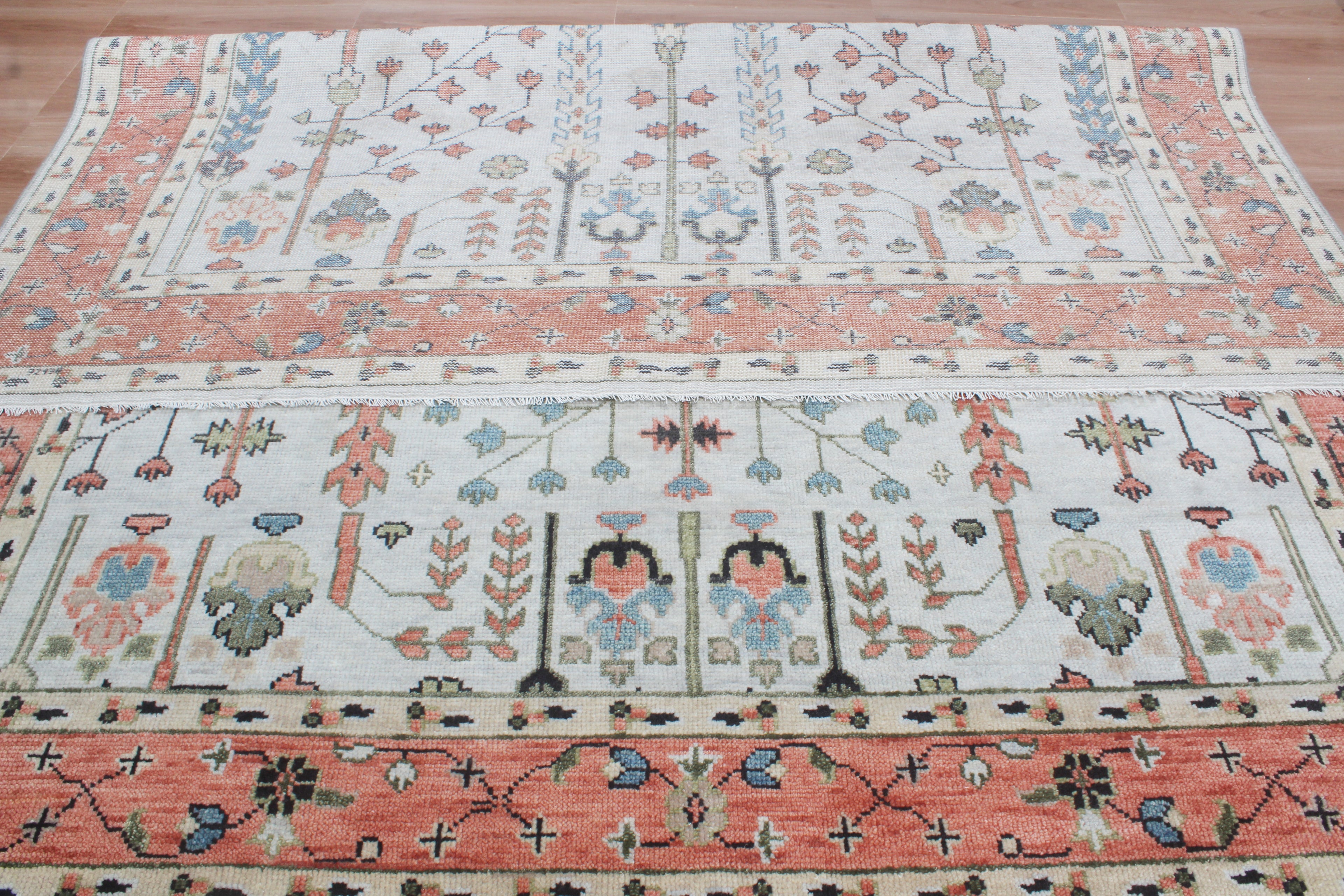 Hand-Knotted Tree of Life Wool Area Rug | Muted Sage Green & Terracotta Custom Size Rug | Handcrafted in India