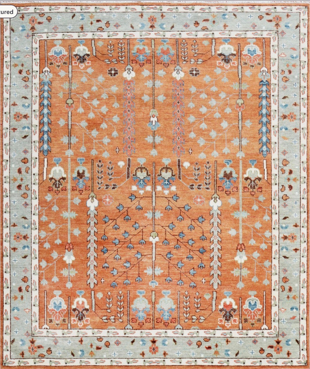 Hand-Knotted Tree of Life Wool Area Rug | Terracotta Rust & Sage Green Custom Size Rug | Handcrafted in India