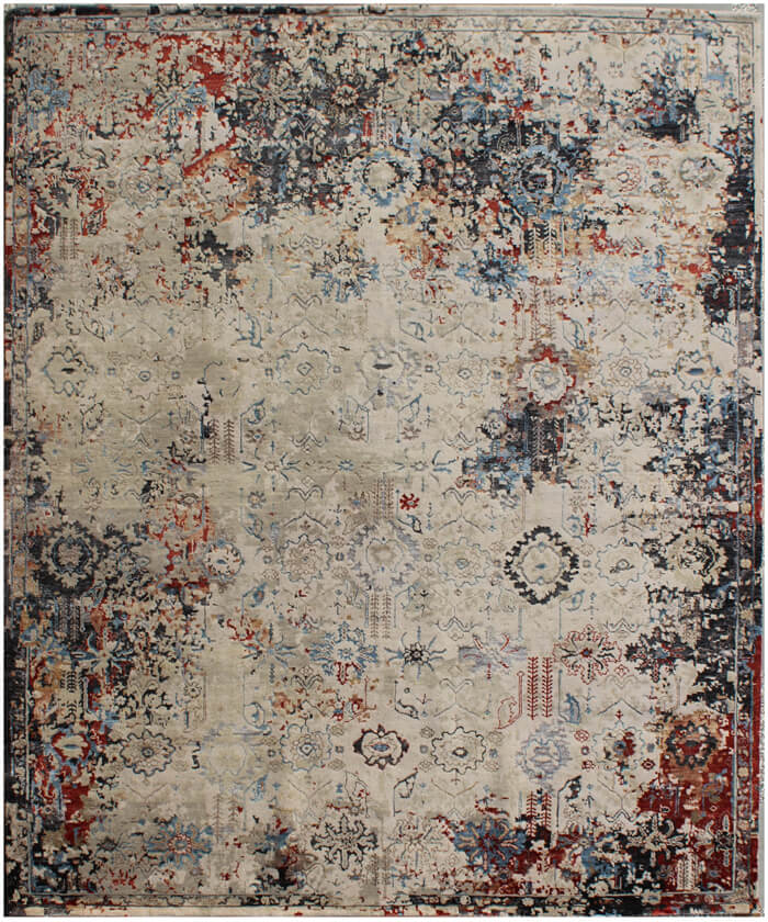 Hand Knotted Wool and Bamboo Silk Area Rug | Modern Distressed Beige, Red, & Blue Rug | 100 KPSI Luxury Carpet, Contemporary Floor Covering