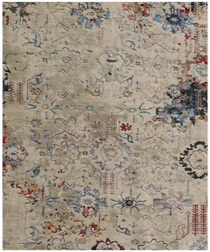 Hand Knotted Wool and Bamboo Silk Area Rug | Modern Distressed Beige, Red, & Blue Rug | 100 KPSI Luxury Carpet, Contemporary Floor Covering