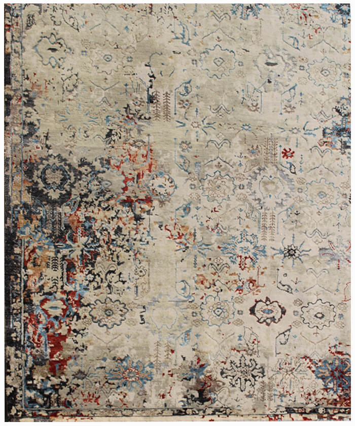 Hand Knotted Wool and Bamboo Silk Area Rug | Modern Distressed Beige, Red, & Blue Rug | 100 KPSI Luxury Carpet, Contemporary Floor Covering