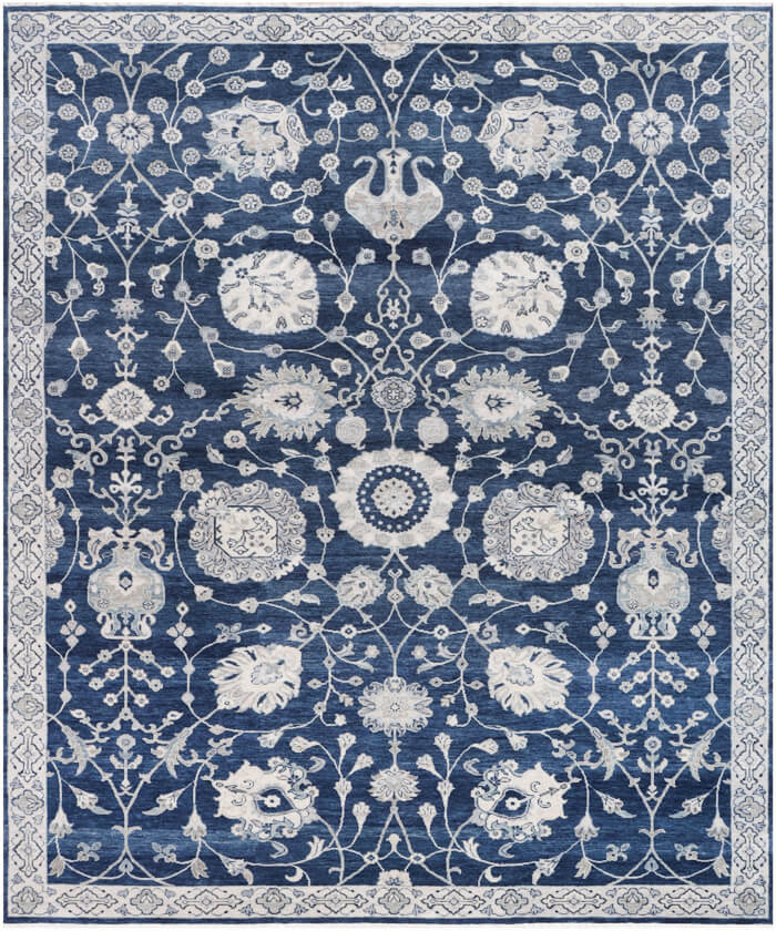 Hand knotted 8x10 9x12 10x14 floral Navy Blue wool Rug