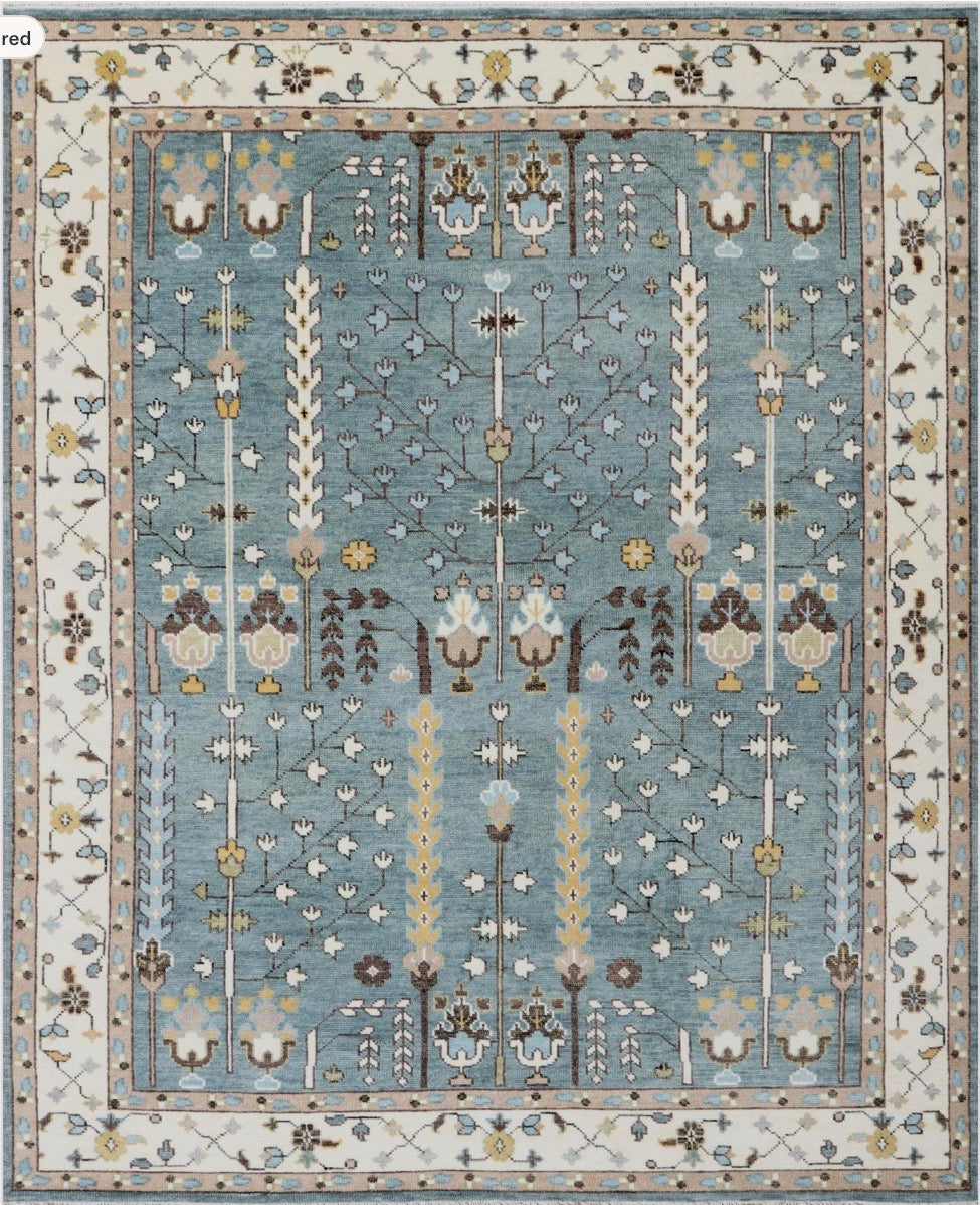 Hand-Knotted Tree of Life Wool Area Rug | Slate Blue & Ivory Custom Size Rug | Handcrafted in India