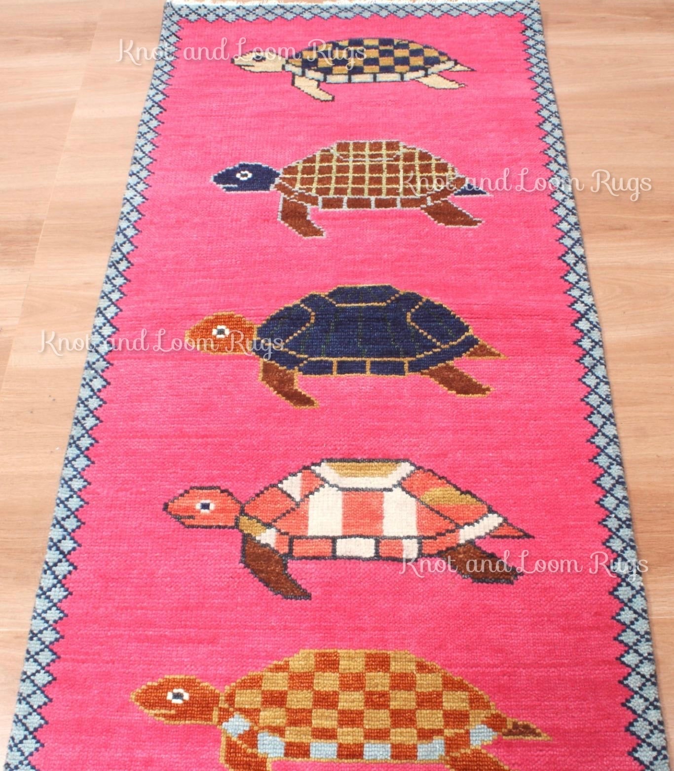 Hand-Knotted Wool Turtle Runner Rug – Custom Size Hot Pink Beach house Hallway Rug