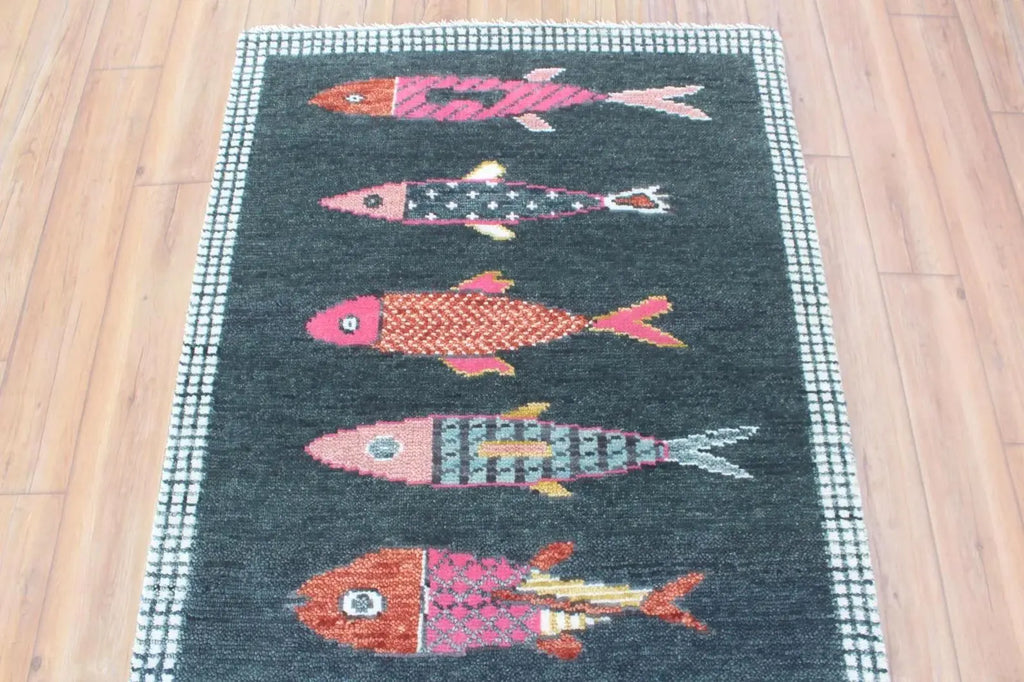 Charcoal Koi Fish Hand Knotted Wool Runner Rug - Custom Size Nautical Hallway Runner for Beach House Entryway & Kitchen