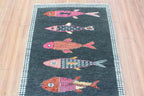 Charcoal Koi Fish Hand Knotted Wool Runner Rug - Custom Size Nautical Hallway Runner for Beach House Entryway & Kitchen