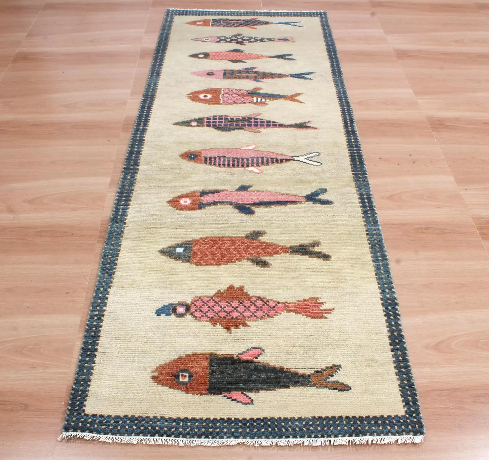Coastal Koi Fish Hand Knotted Wool Runner Rug - Custom Size Nautical Hallway Runner for Beach House Entryway & Kitchen