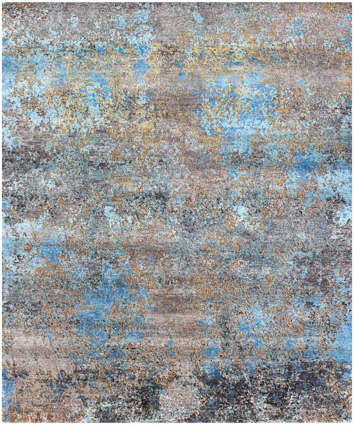 Modern Abstract Hand-Knotted Wool & Bamboo Silk Area Rug | Sapphire Blue Luxury Designer Floor Tapestry for Contemporary Living Rooms