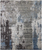 Hand-Knotted Modern Abstract Wool and Bamboo Silk Area Rug – Charcoal, Grey, and Blue Textured Contemporary Luxury Floor Covering