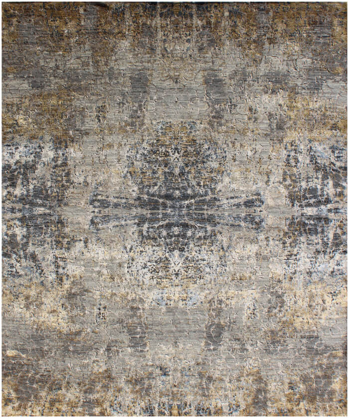 Hand Knotted Modern Abstract Wool and Bamboo Silk Area Rug in Gold and Sage, Contemporary Luxury Floor Covering