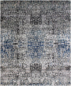 Hand Knotted Modern Abstract Area Rug – Blue & Charcoal Luxury Wool and Bamboo Silk Floor Decor