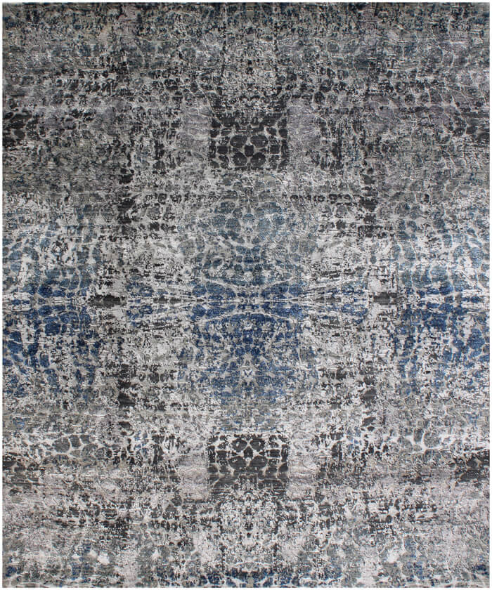 Hand Knotted Modern Abstract Area Rug – Blue & Charcoal Luxury Wool and Bamboo Silk Floor Decor