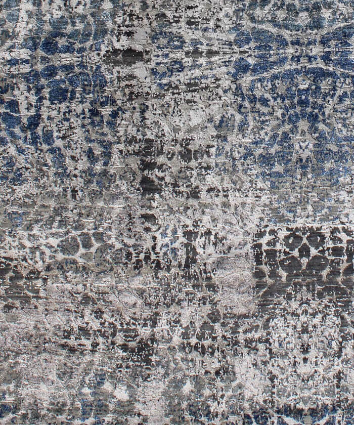 Hand Knotted Modern Abstract Area Rug – Blue & Charcoal Luxury Wool and Bamboo Silk Floor Decor