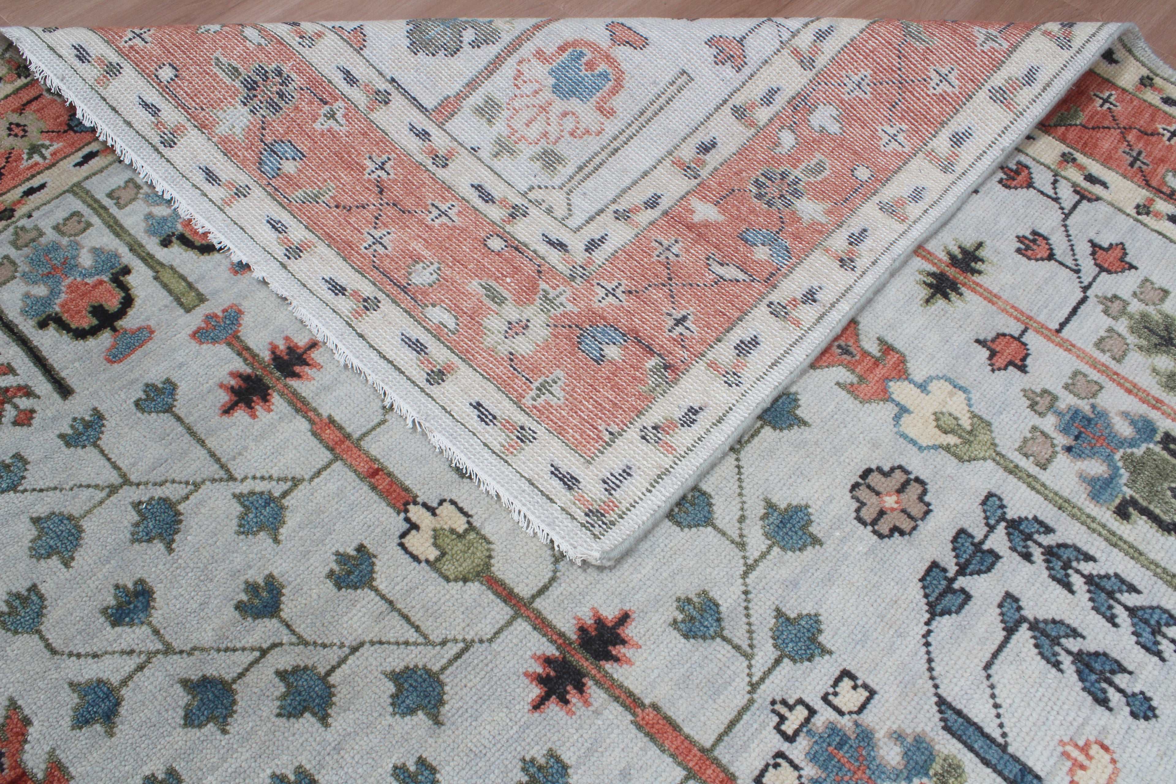 Hand-Knotted Tree of Life Wool Area Rug | Muted Sage Green & Terracotta Custom Size Rug | Handcrafted in India