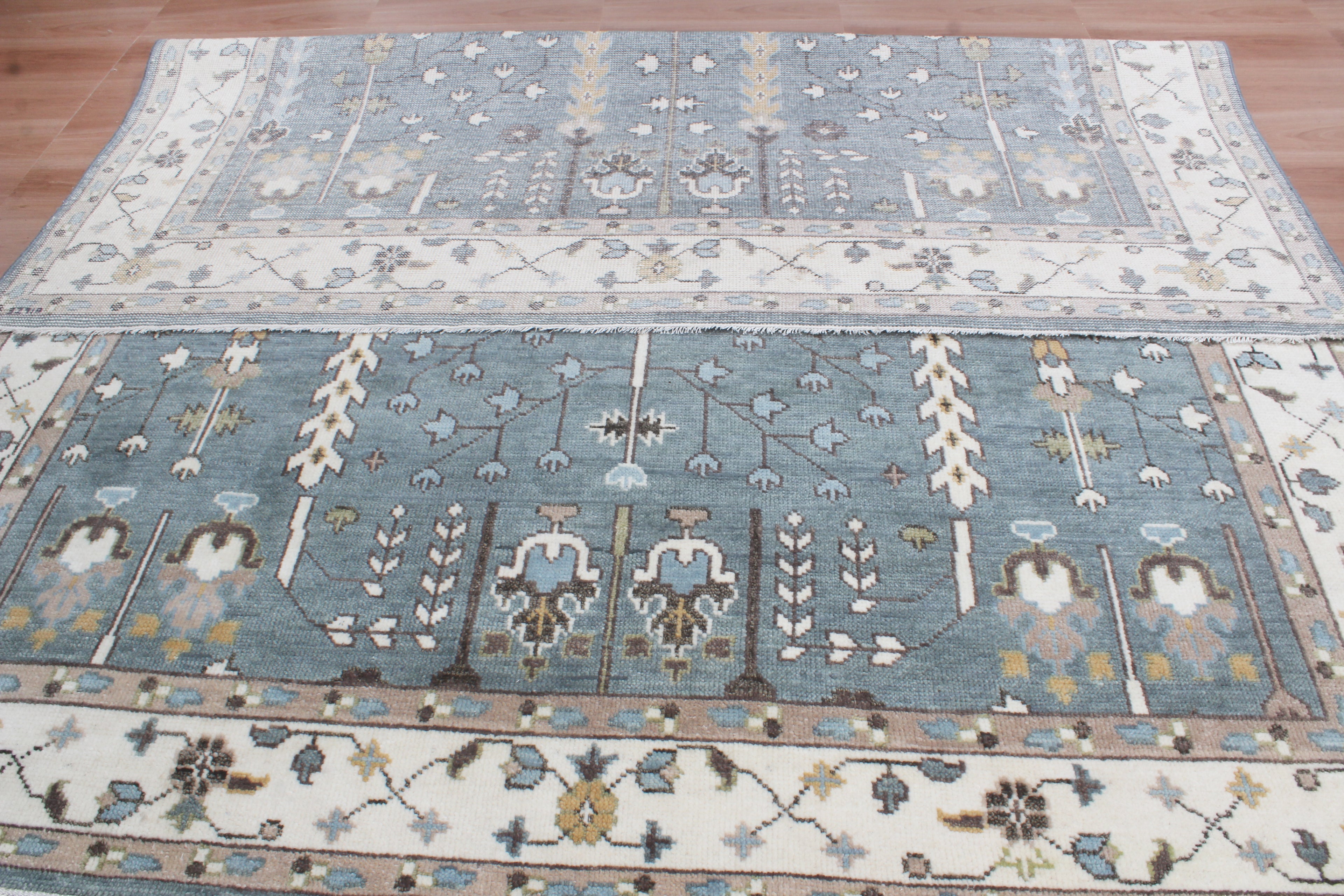 Hand-Knotted Tree of Life Wool Area Rug | Slate Blue & Ivory Custom Size Rug | Handcrafted in India