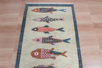 Coastal Koi Fish Hand Knotted Wool Runner Rug - Custom Size Nautical Hallway Runner for Beach House Entryway & Kitchen