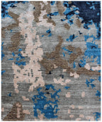 Modern Abstract Wool and Silk Area Rug – Hand-Knotted Brown and Blue Contemporary Luxury Floor Covering