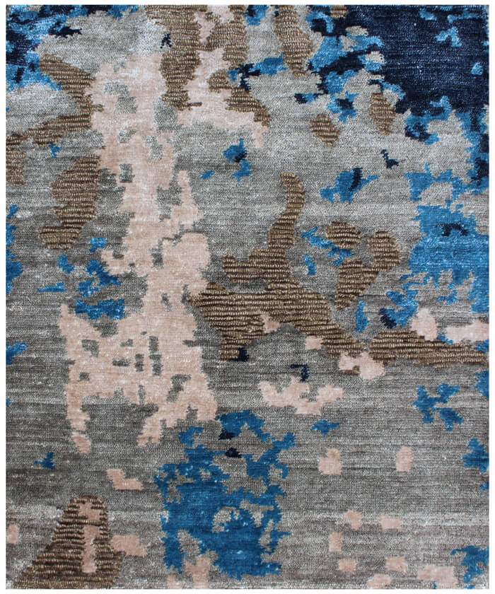 Modern Abstract Wool and Silk Area Rug – Hand-Knotted Brown and Blue Contemporary Luxury Floor Covering
