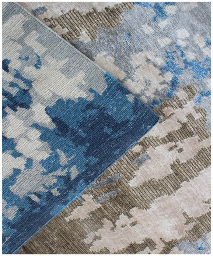 Modern Abstract Wool and Silk Area Rug – Hand-Knotted Brown and Blue Contemporary Luxury Floor Covering